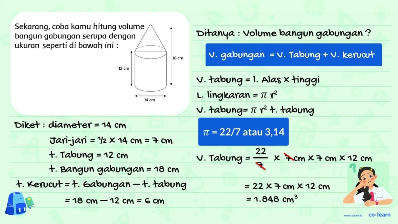 Sekarang, coba kamu hitung volume bangun gabungan serupa