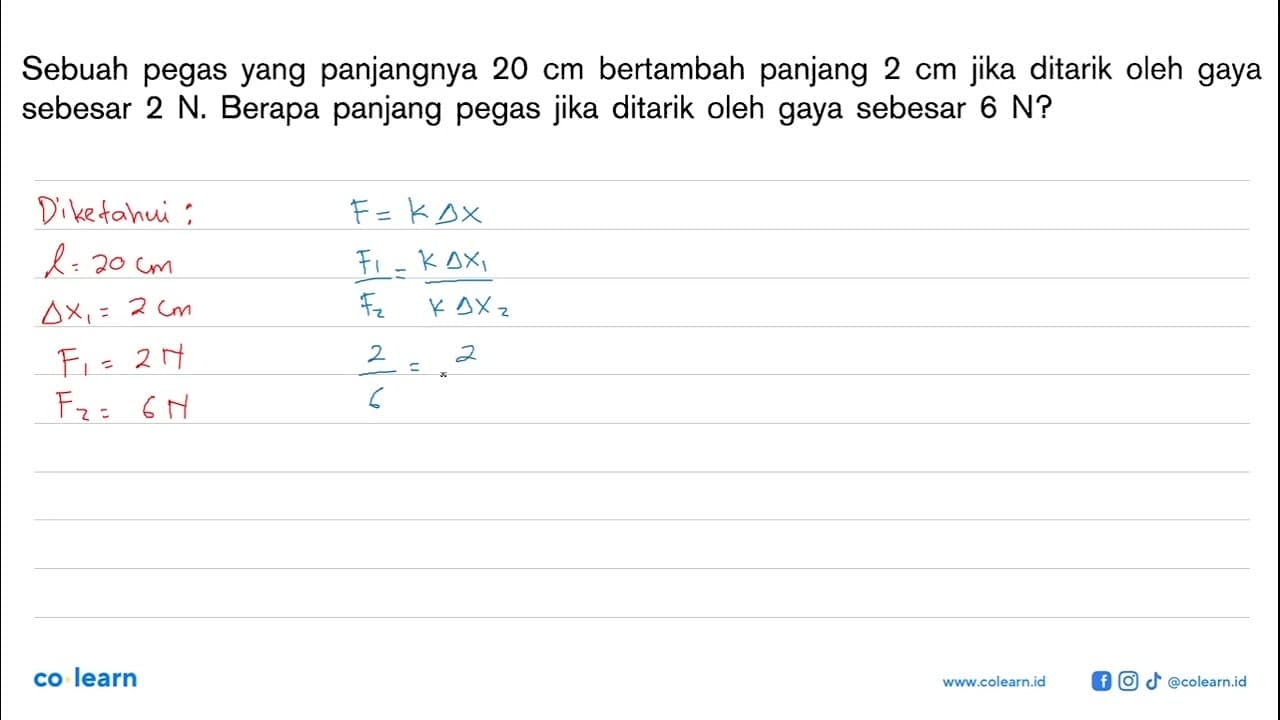 Sebuah pegas yang panjangnya 20 cm bertambah panjang 2 cm