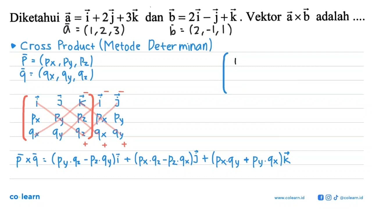 Diketahui vektor a=i+2j+3k dan vektor b=2i-j+k. Vektor axb