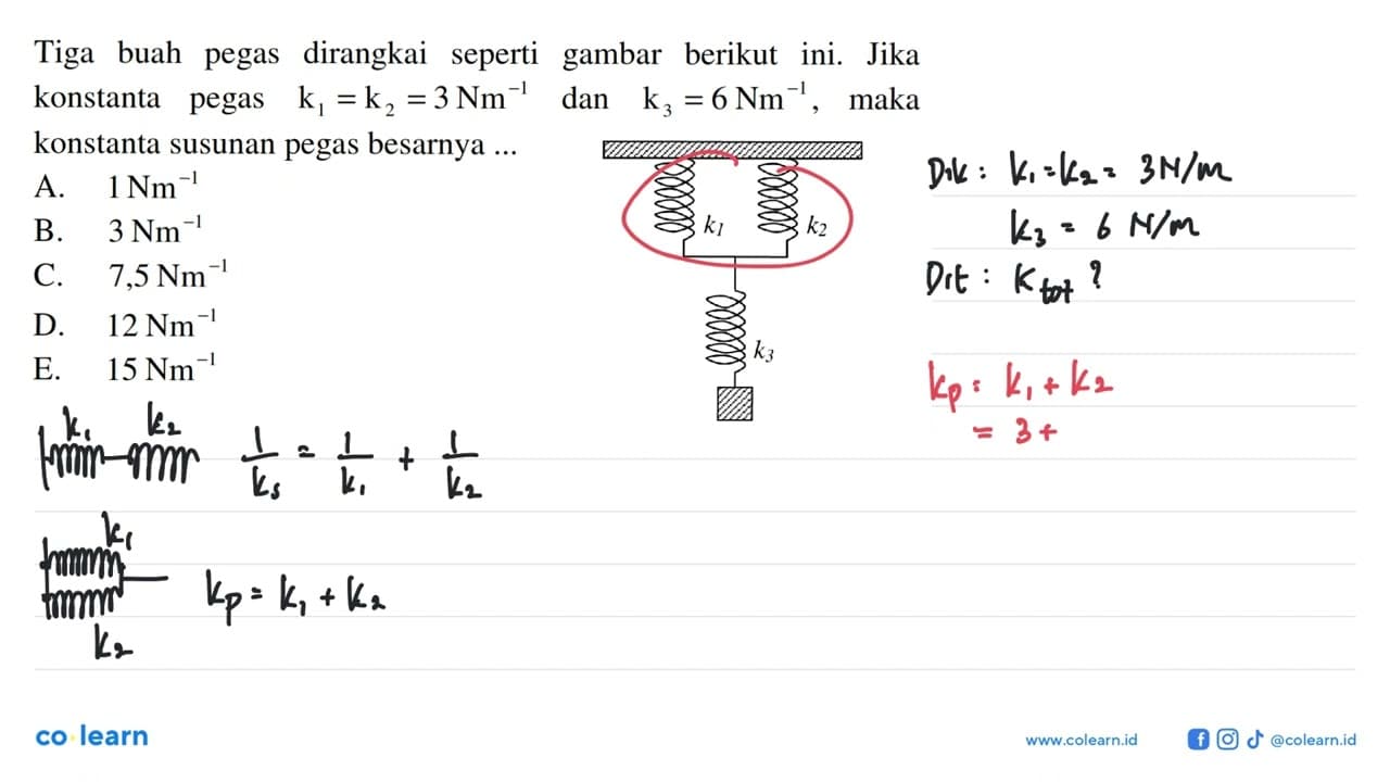 Tiga buah pegas dirangkai seperti gambar berikut ini. Jika