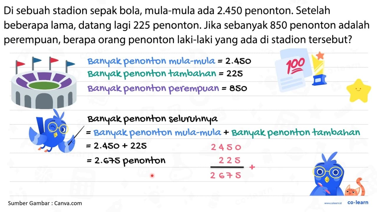 Di sebuah stadion sepak bola, mula-mula ada 2.450 penonton.