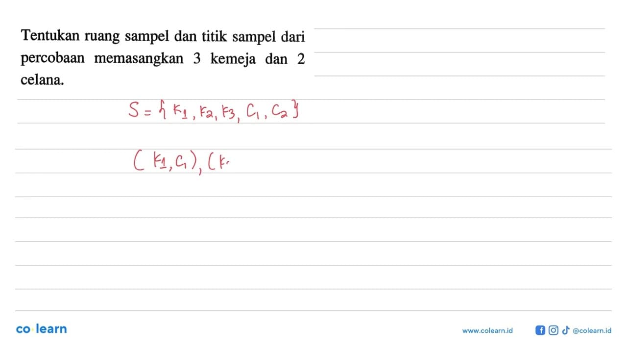 Tentukan ruang sampel dan titik sampel dari percobaan