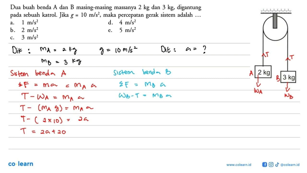 Dua buah benda A dan B masing-masing massanya 2 kg dan 3