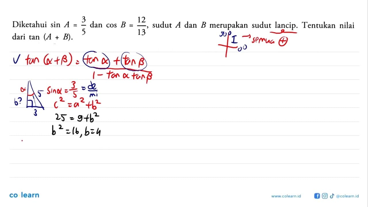 Diketahui sin A=3/5 dan cos B=12/13 sudut A dan B merupakan