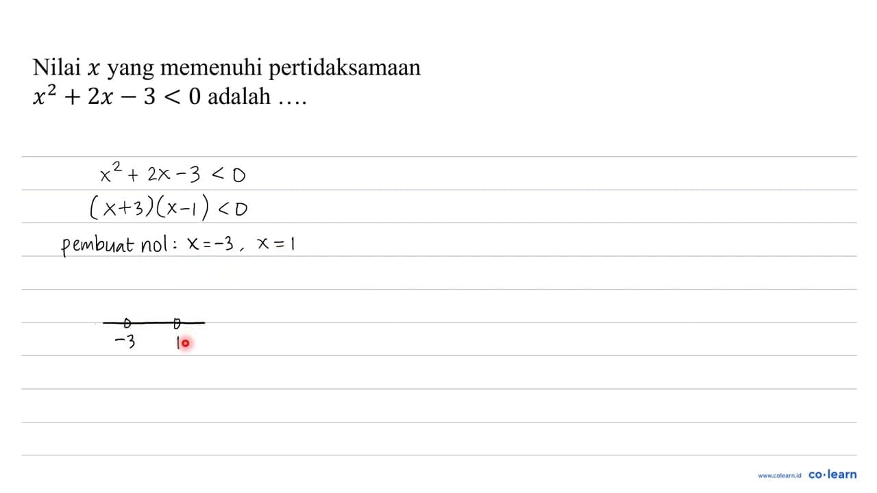 Nilai x yang memenuhi pertidaksamaan x^(2)+2 x-3<0 adalah