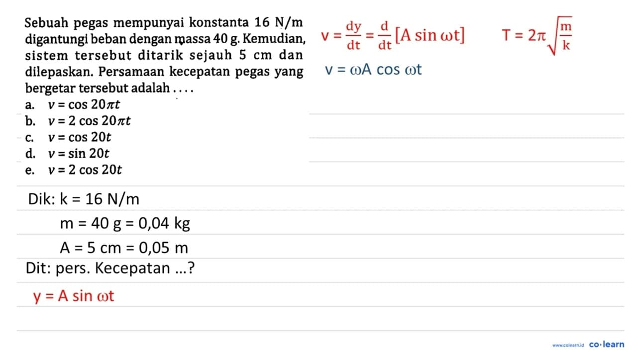 Sebuah pegas mempunyai konstanta 16 ~N / m digantungi beban