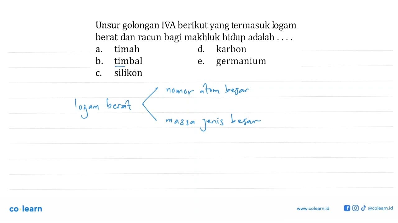 Unsur golongan IVA berikut yang termasuk logam berat dan