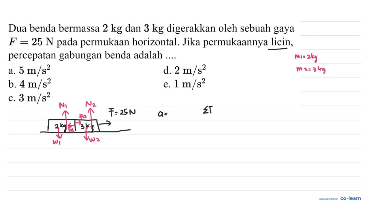 Dua benda bermassa 2 kg dan 3 kg digerakkan oleh sebuah