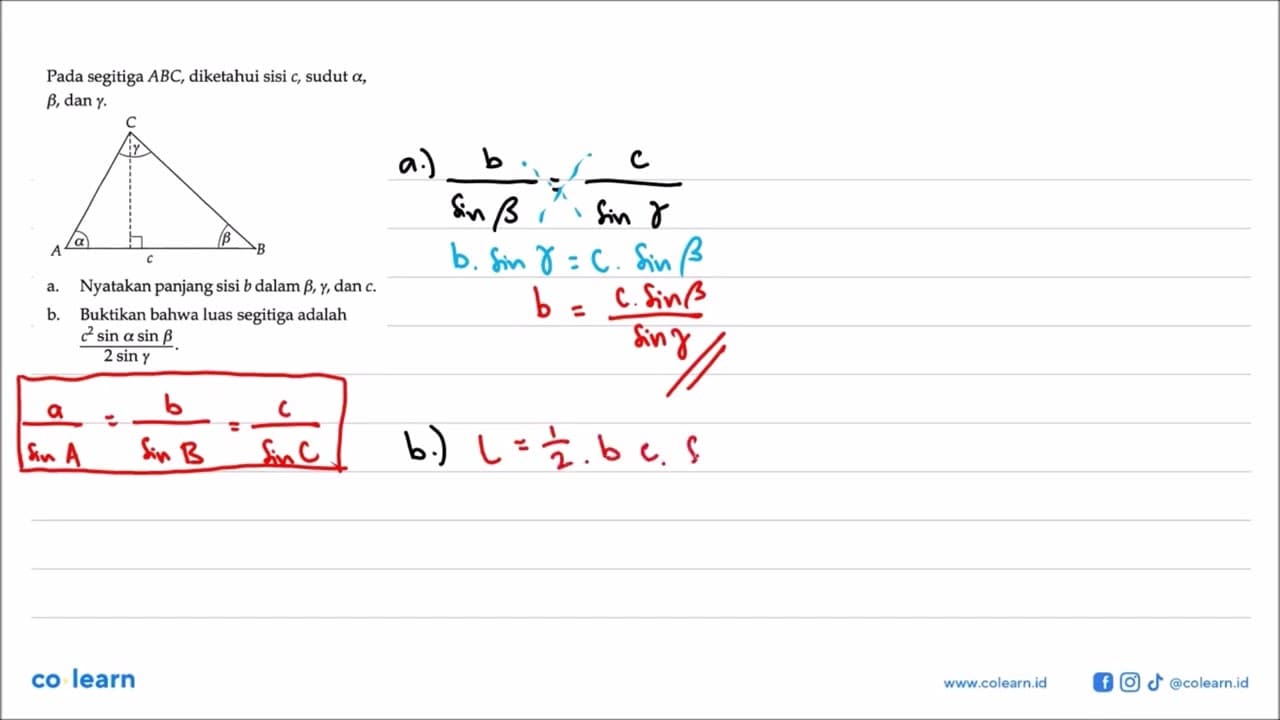 Pada segitiga ABC, diketahui sisi c, sudut a, b, dan gamma.