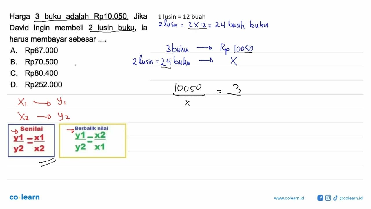 Harga 3 buku adalah Rp10.050. Jika David ingin membeli 2