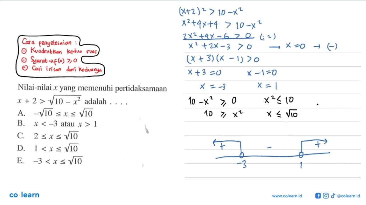 Nilai-nilai x yang memenuhi pertidaksamaan x+2>akar(10-x^2)