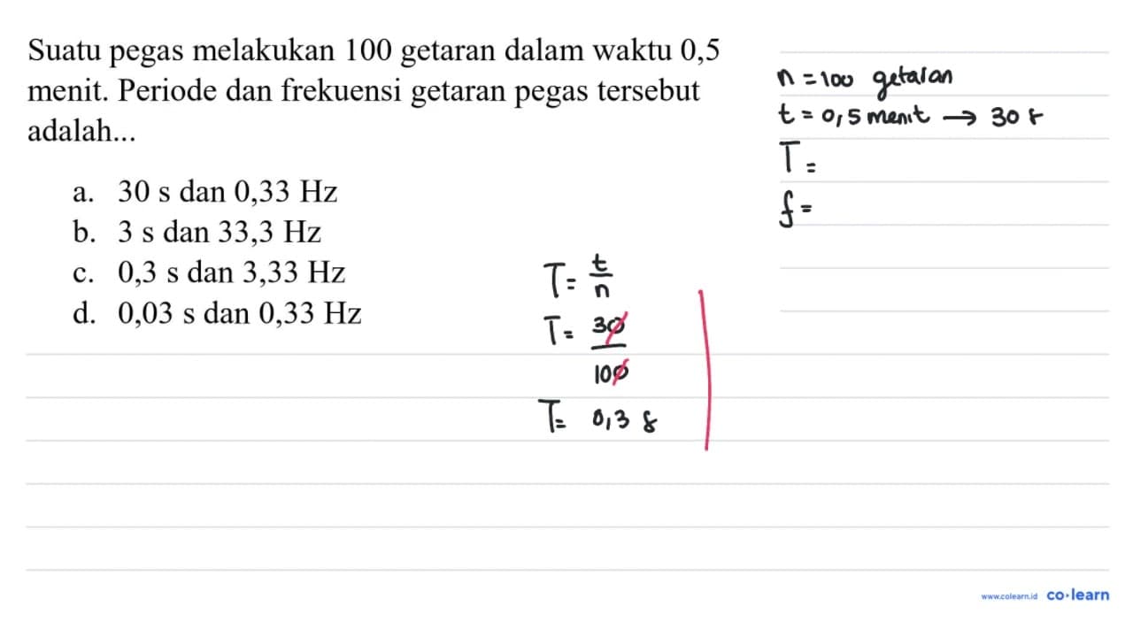 Suatu pegas melakukan 100 getaran dalam waktu 0,5 menit.