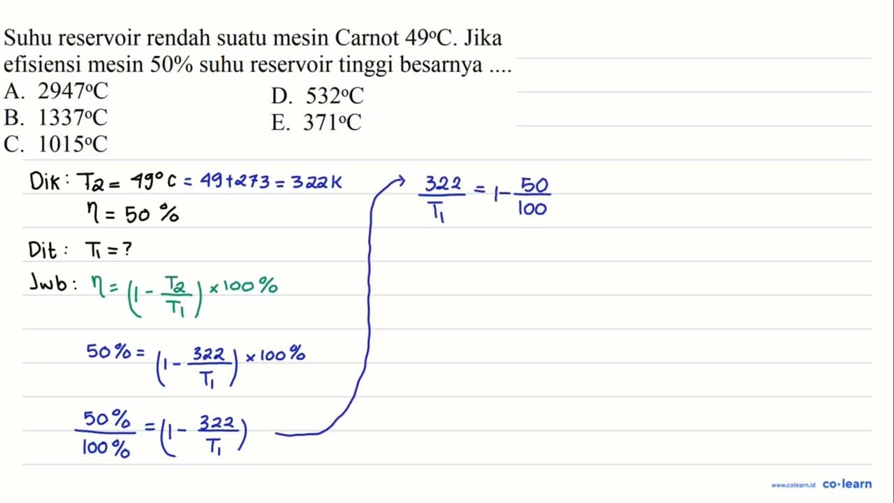 Suhu reservoir rendah suatu mesin Carnot 49 C . Jika