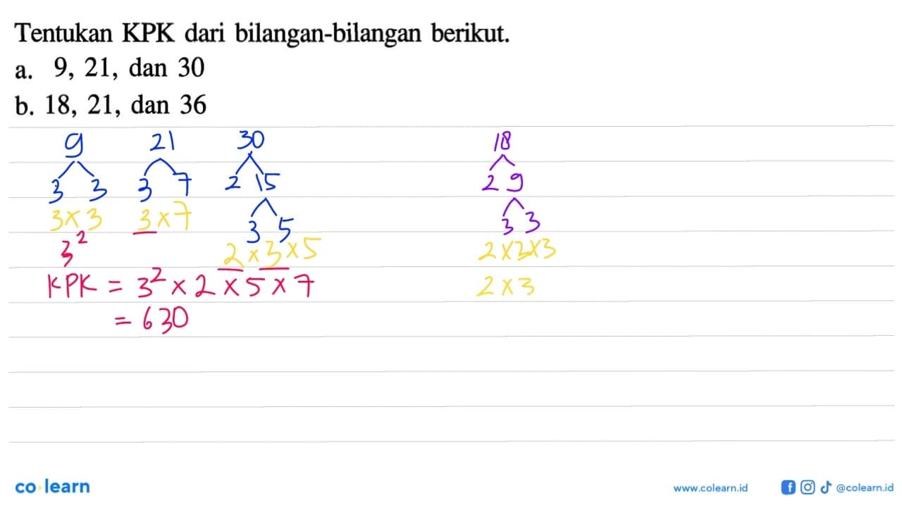 Tentukan KPK dari bilangan-bilangan berikut. a. 9, 21, dan