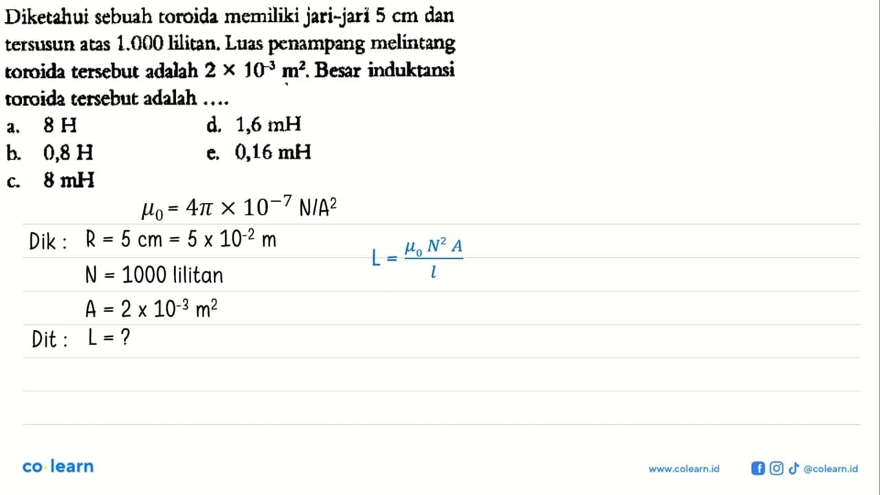 Diketahui sebuah toroida memiliki jari-jari 5 cm dan