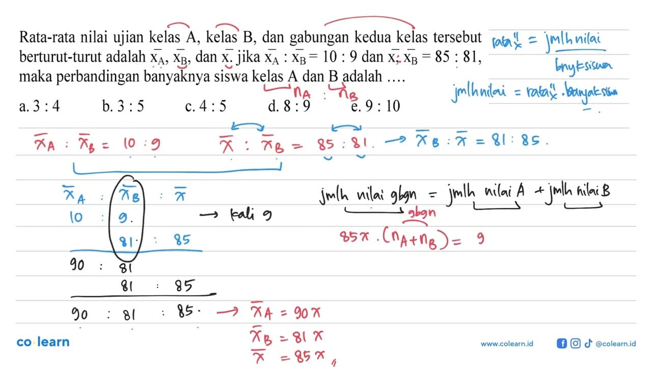 Rata-rata nilai ujian kelas A, kelas B, dan gabungan kedua