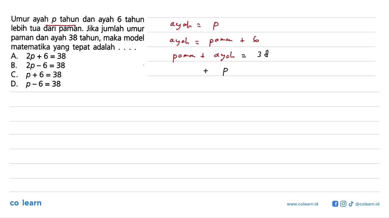 Umur ayah p_ tahun dan ayah 6 tahun lebih tua dari paman.