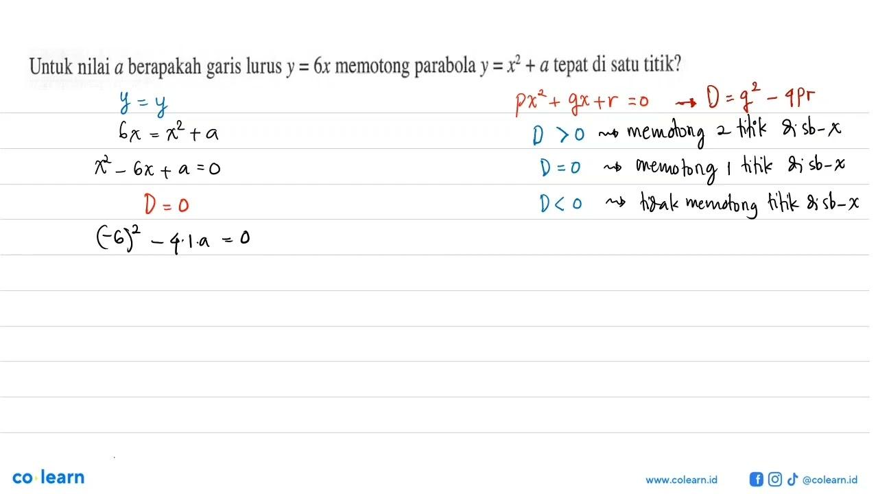 Untuk nilai a berapakah garis lurus y = 6x memotong