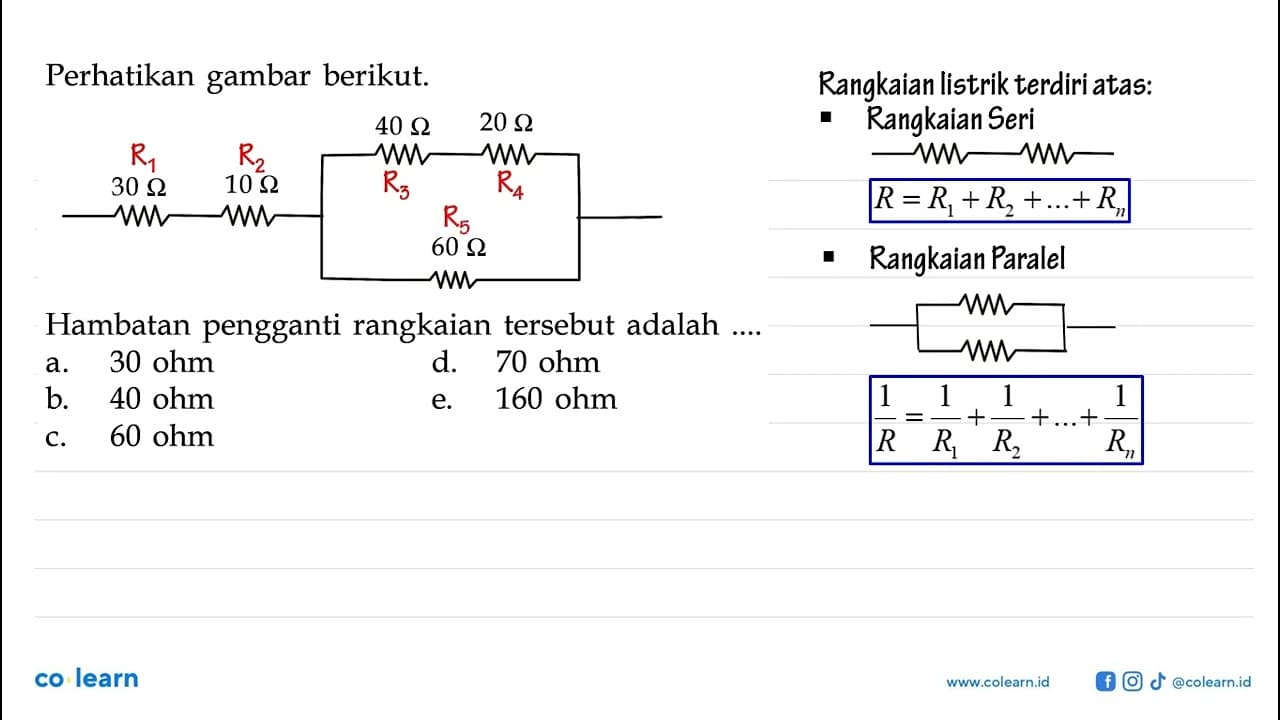 Perhatikan gambar berikut. 30 Ohm 10 Ohm 40 Ohm 20 Ohm 60