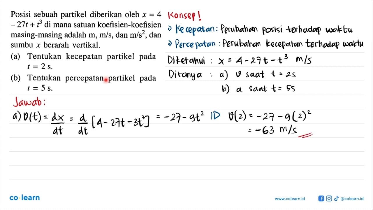 Posisi sebuah partikel diberikan oleh x = 4 - 27t + t^3 di