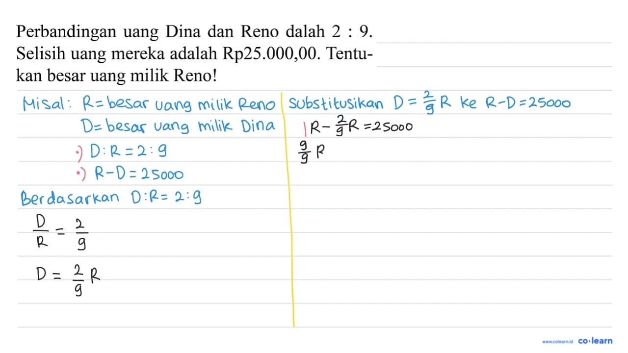 Perbandingan uang Dina dan Reno dalah 2: 9 . Selisih uang