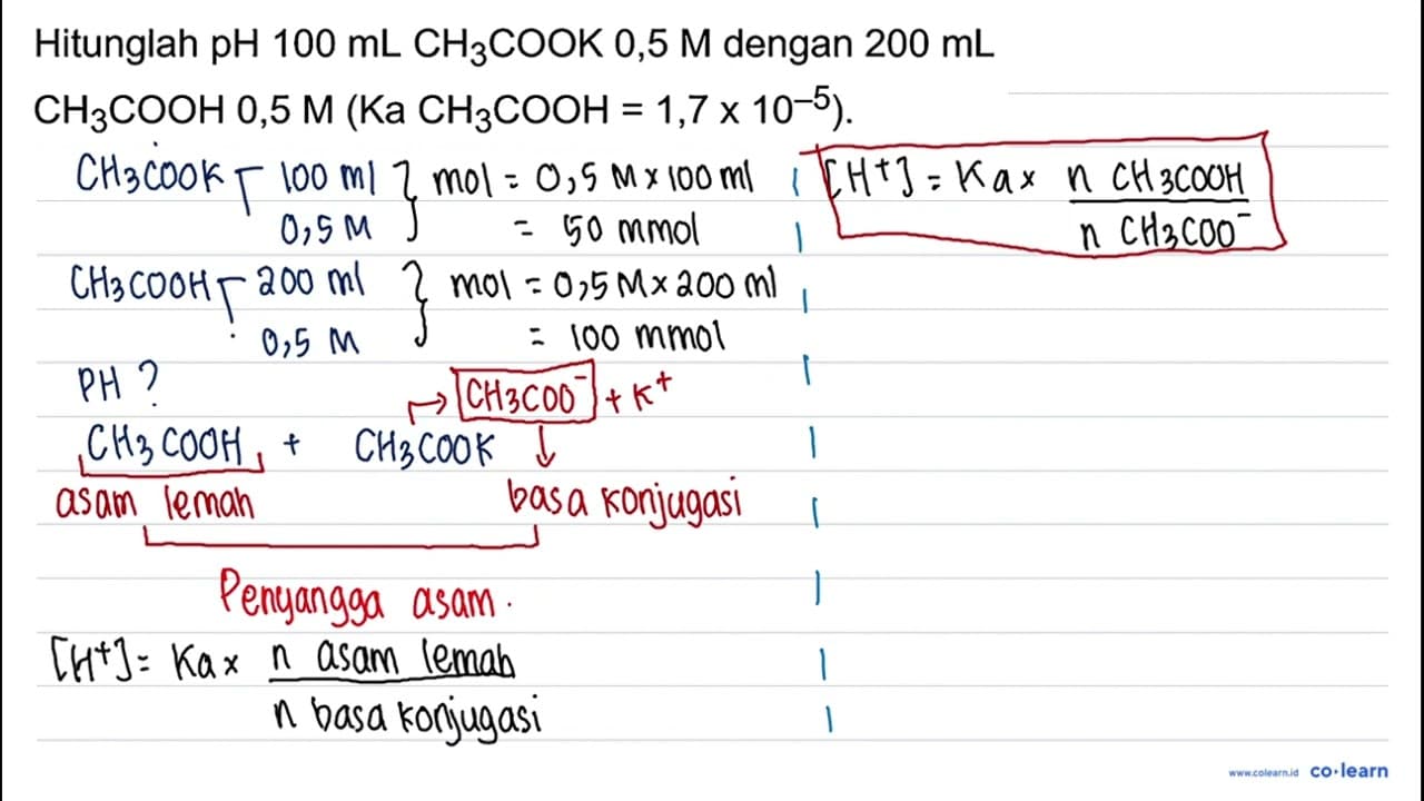 Hitunglah pH 100 ~mL CH_(3) COOK 0,5 M dengan 200 ~mL