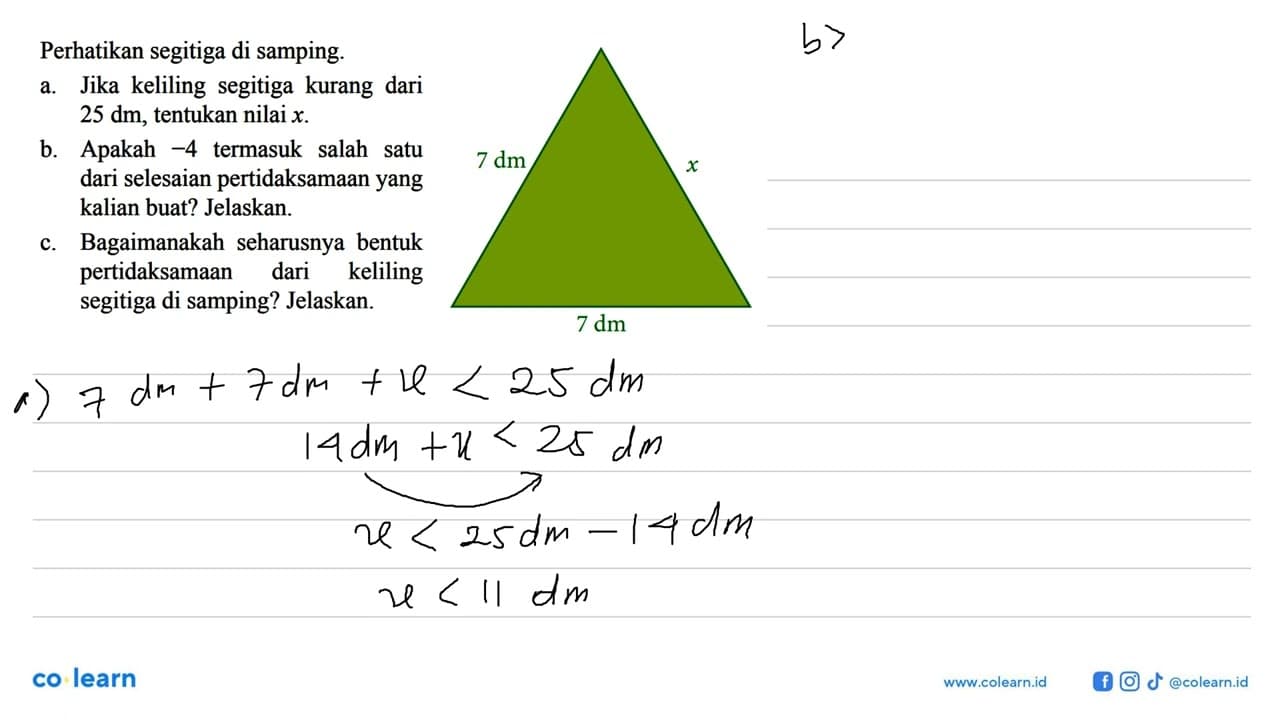 Perhatikan segitiga di samping. a. Jika keliling segitiga