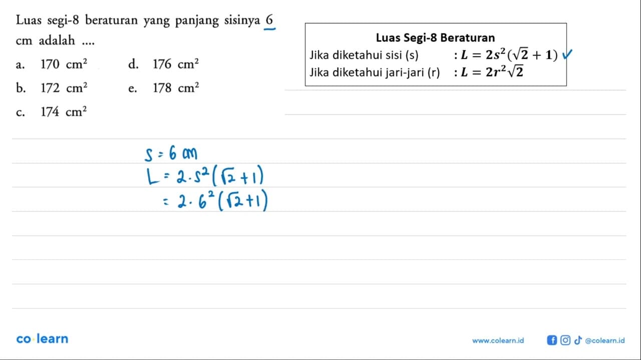 Luas segi-8 beraturan yang panjang sisinya 6 cm adalah ....