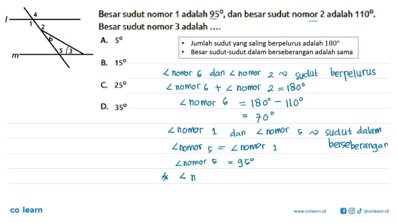 1 2 3 4 5 6 Besar sudut nomor 1 adalah 95, dan besar sudut