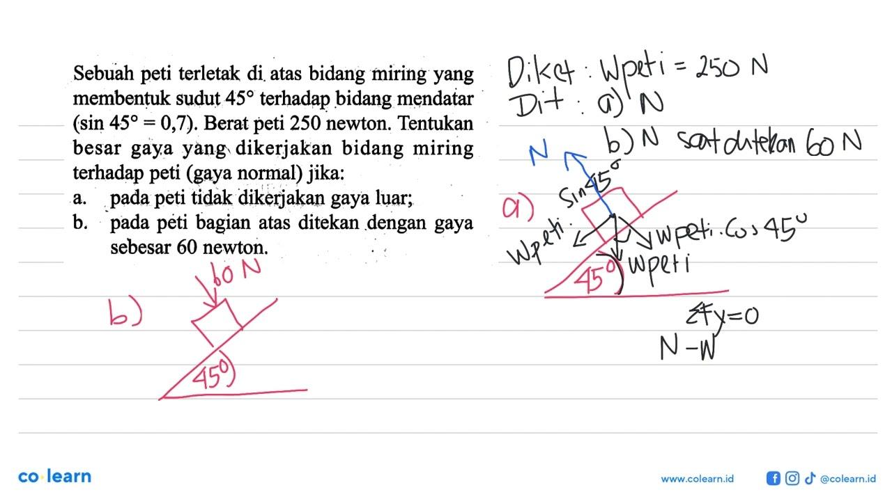 Sebuah peti terletak di atas bidang miring yang membentuk