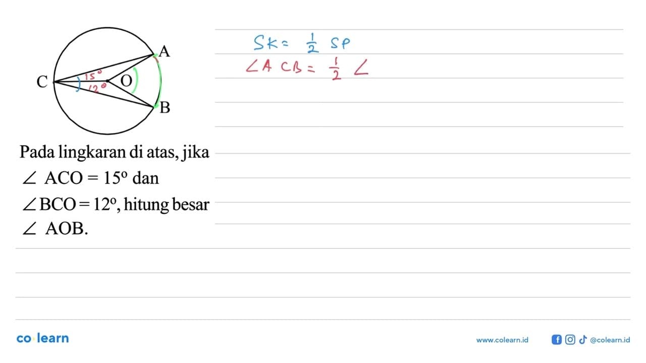 A B C O Pada lingkaran di atas, jika sudut ACO=15 dan sudut