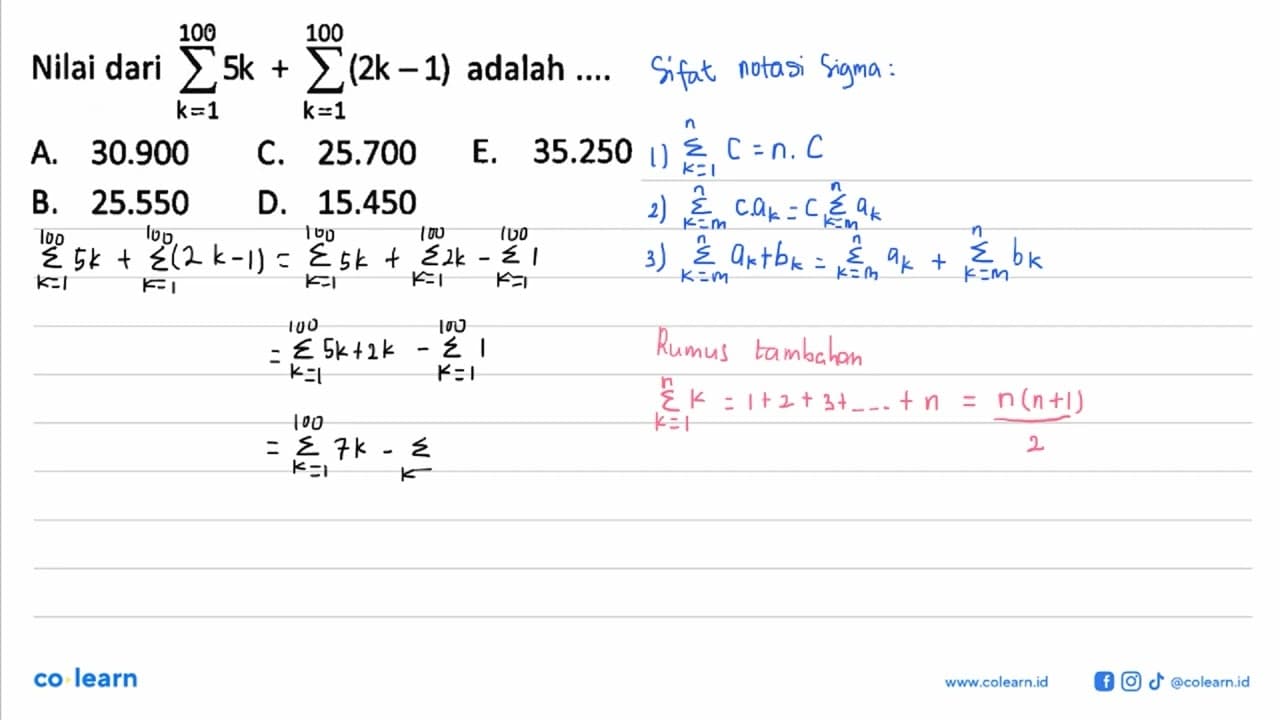 Nilai dari sigma k=1 100 5k+ sigma k=1 100 (2k-1)