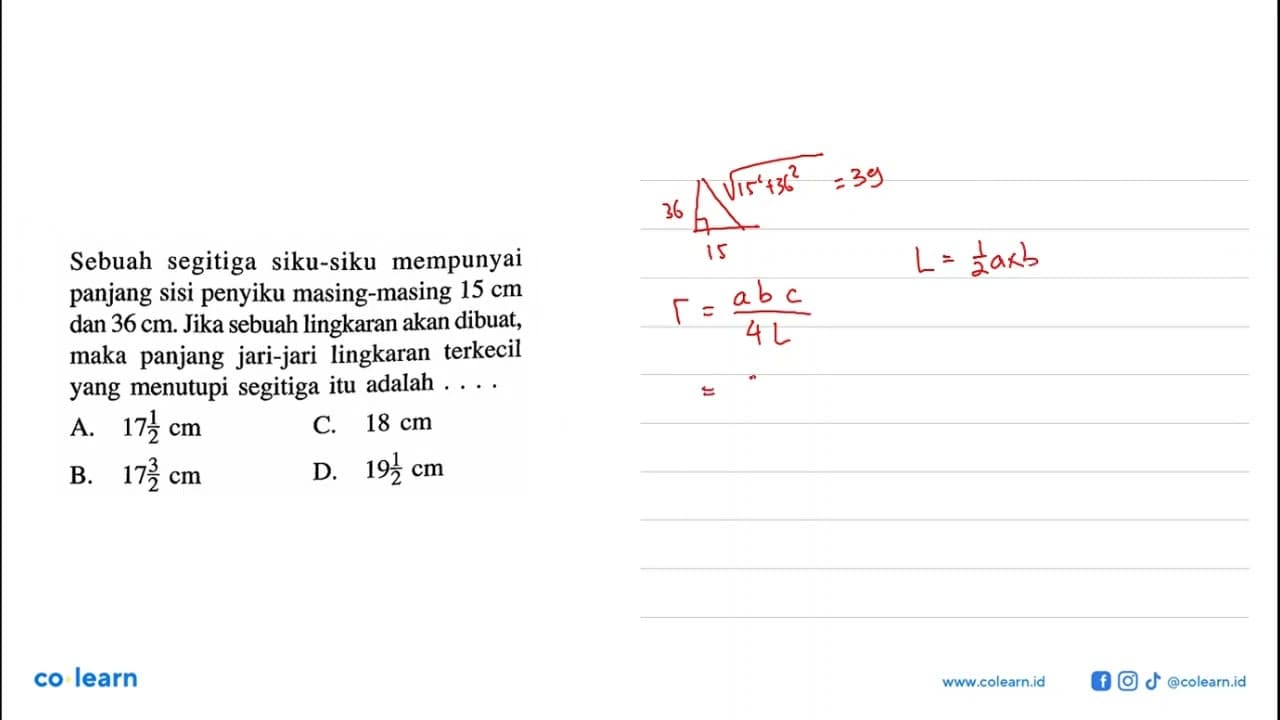 Sebuah segitiga siku-siku mempunyai panjang sisi penyiku