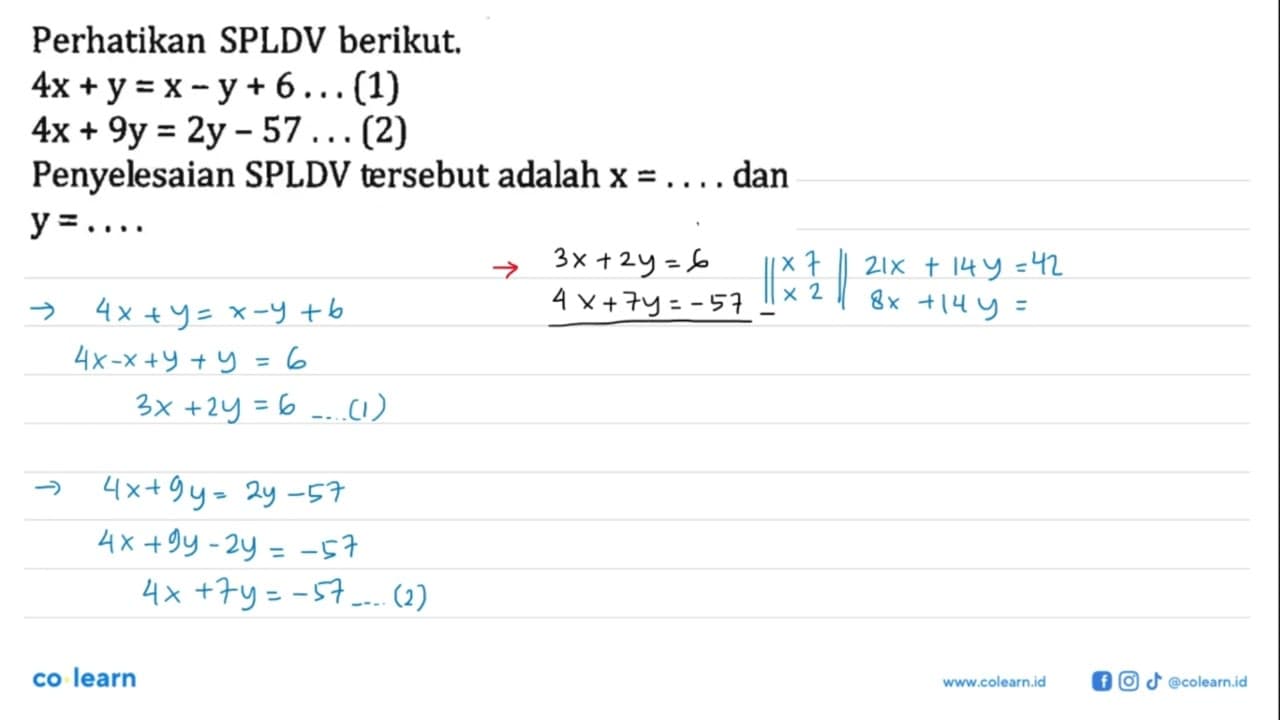 Perhatikan SPLDV berikut. 4x + y = x - y + 6 . . . (1) 4x +