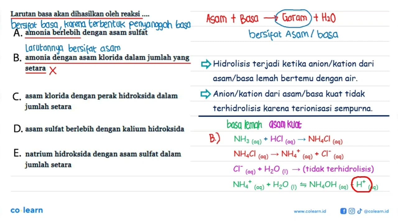 Larutan basa akan dihasilkan oleh reaksi .... A. amonia