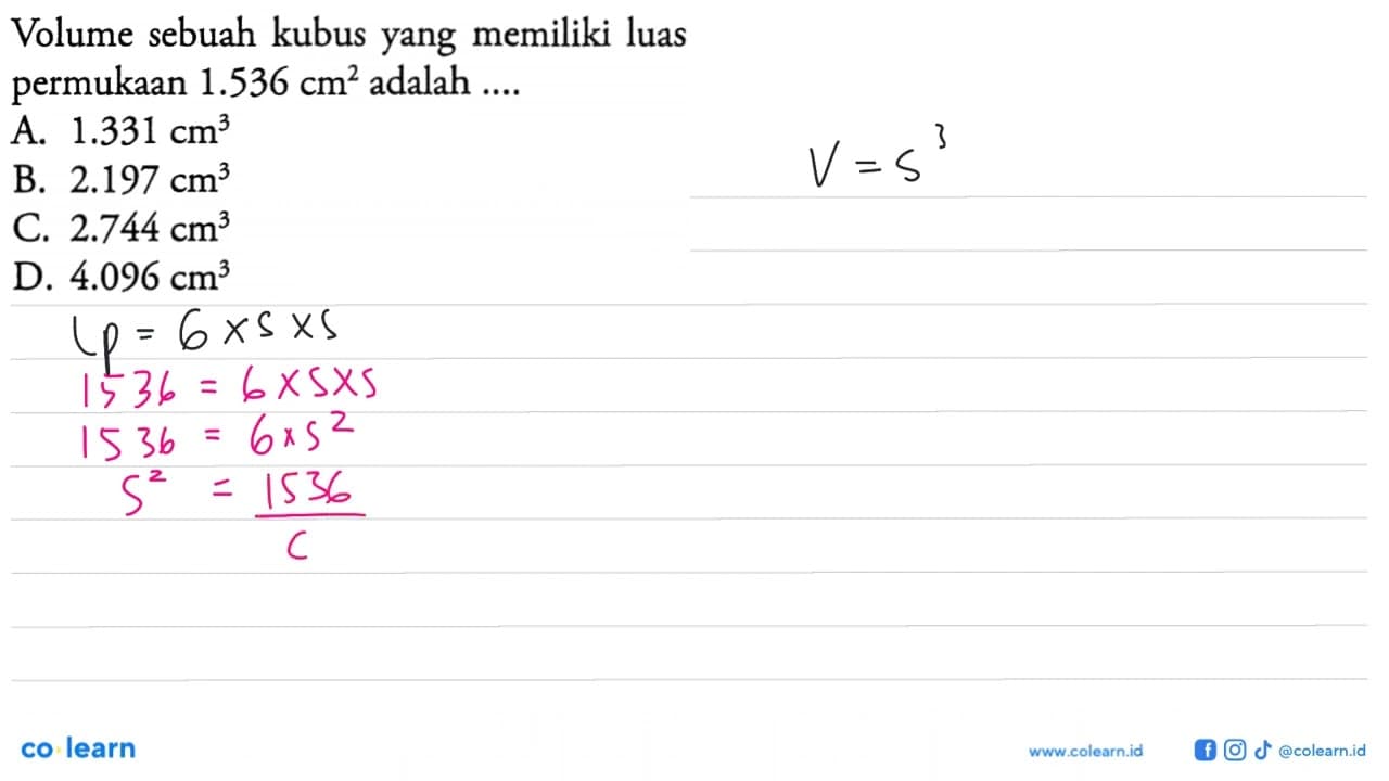 Volume sebuah kubus yang memiliki luas permukaan 1.536 cm^2