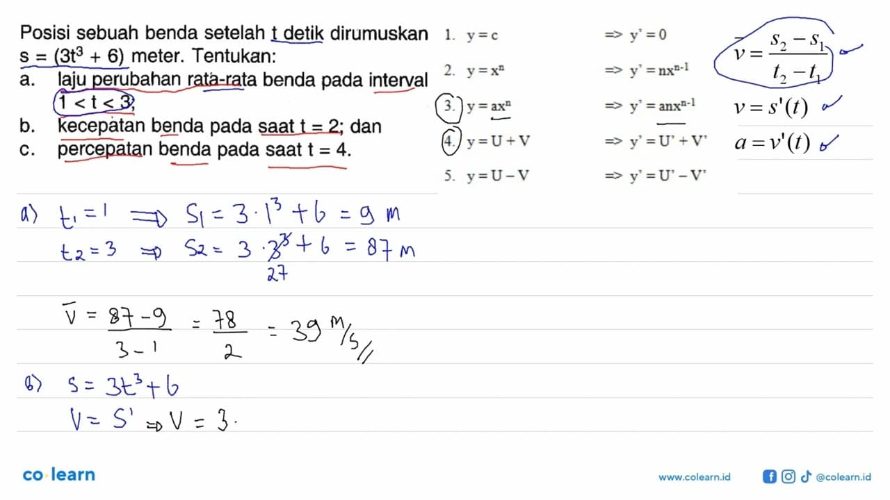 Posisi sebuah benda setelah t detik dirumuskan s=(3t^3+6)