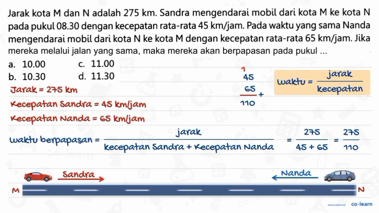 Jarak kota M dan N adalah 275 km. Sandra mengendarai mobil