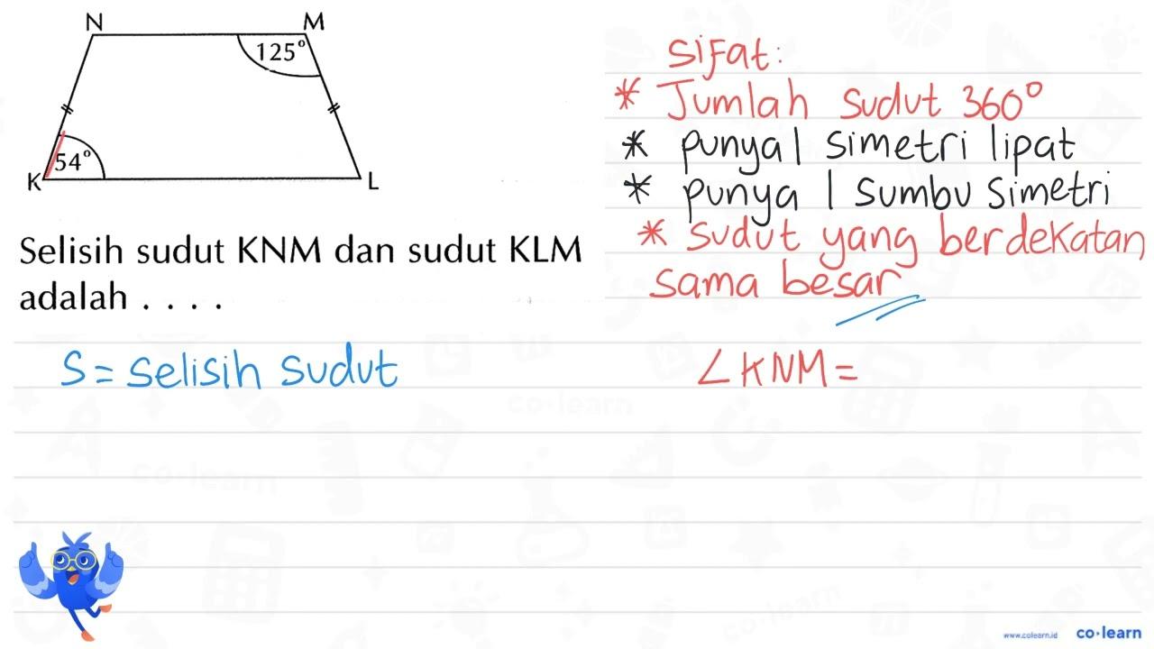 N M 125 K 54 L Selisih sudut KNM dan sudut KLM adalah ....