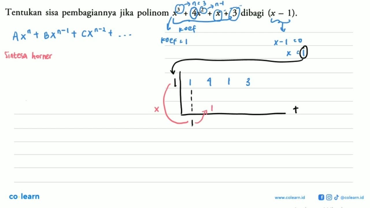 Tentukan sisa pembagiannya jika polinom x^3+4x^2+x+3 dibagi