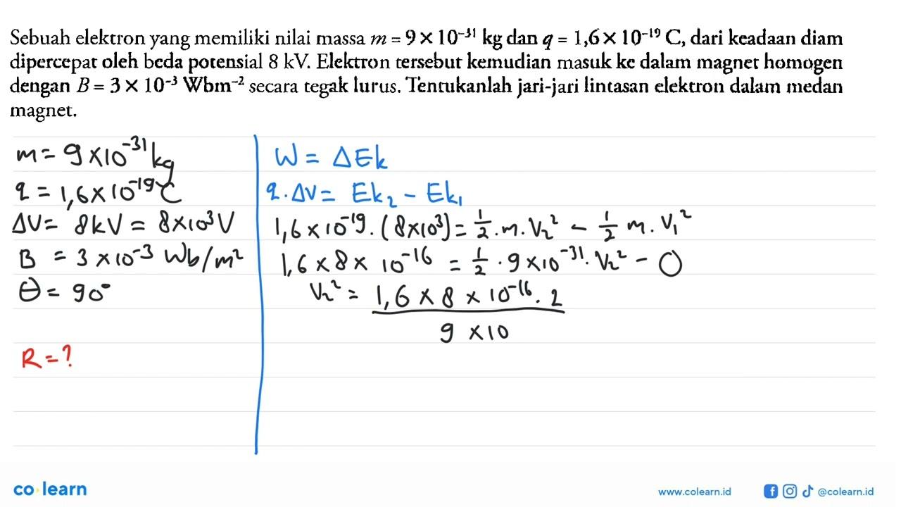 Sebuah elektron yang memiliki nilai massa m=9 x 10^-31 kg