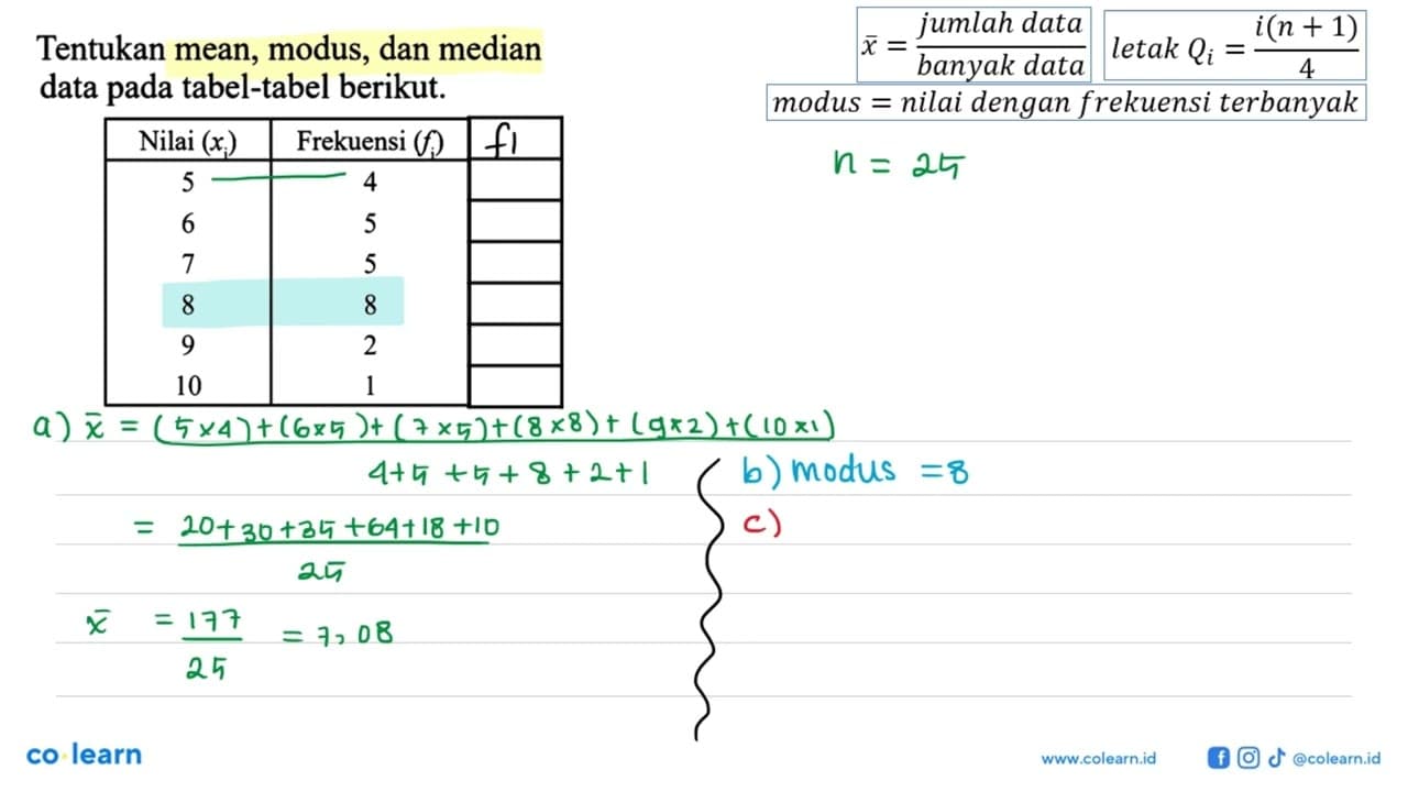 Tentukan mean, modus, dan median data pada tabel-tabel