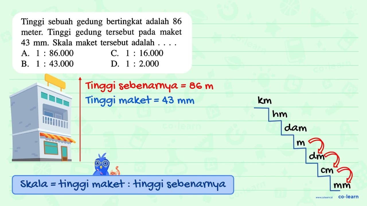 Tinggi sebuah gedung bertingkat adalah 86 meter; Tinggi