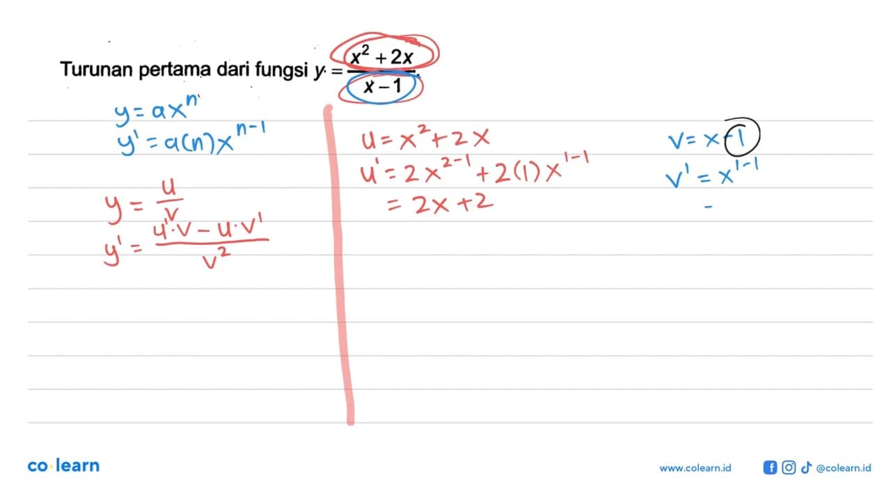 Turunan pertama dari fungsi y=(x^2+2x)/(x-1).