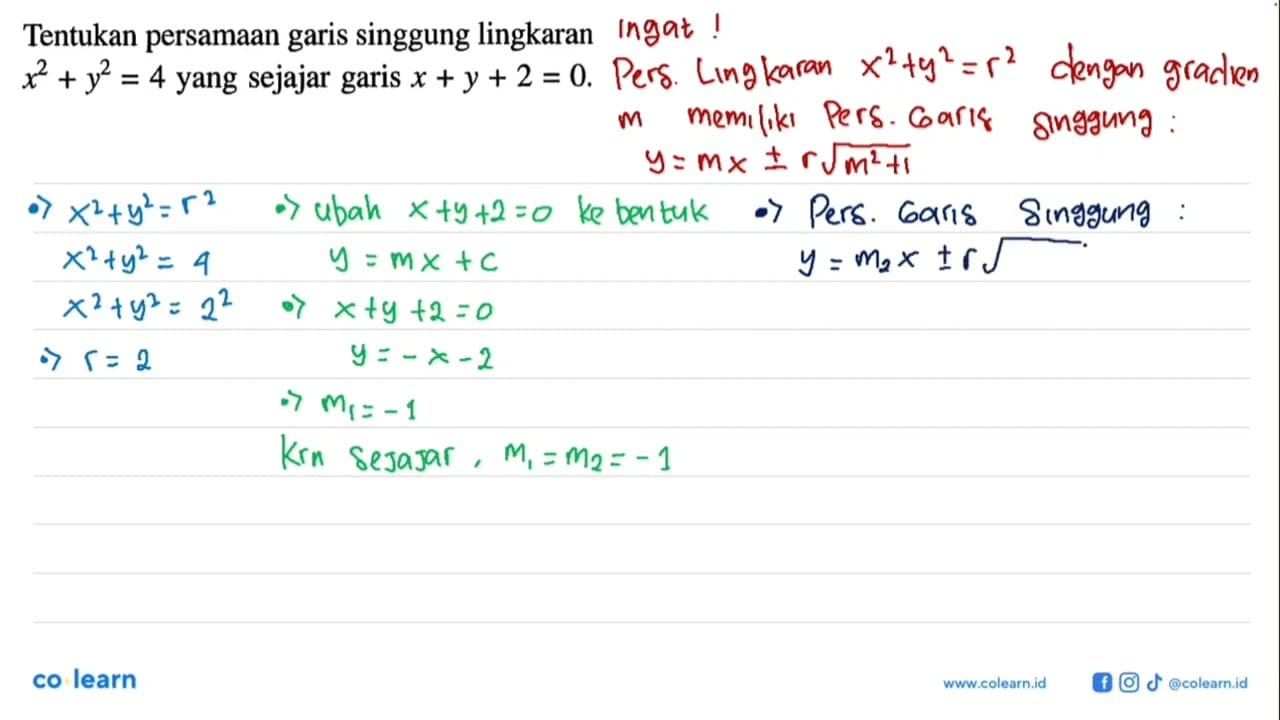 Tentukan persamaan garis singgung lingkaran x^2+y^2=4 yang