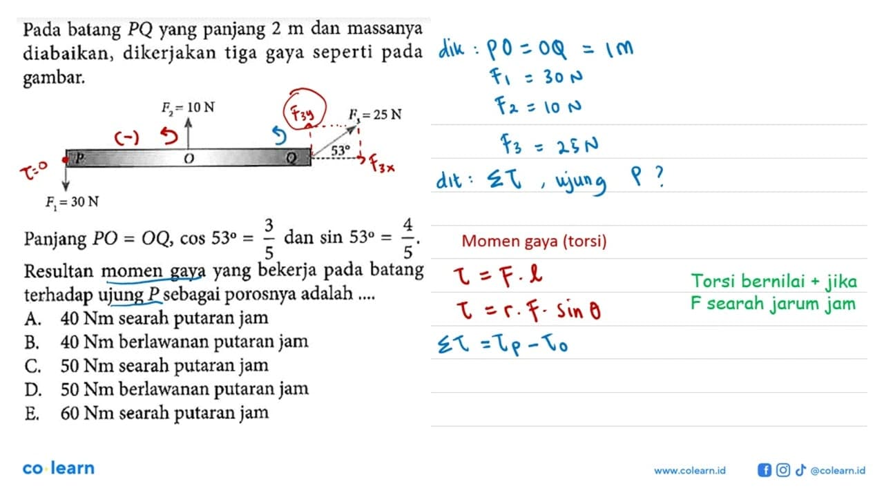 Pada batang PQ yang panjang 2 m dan massanya diabaikan,