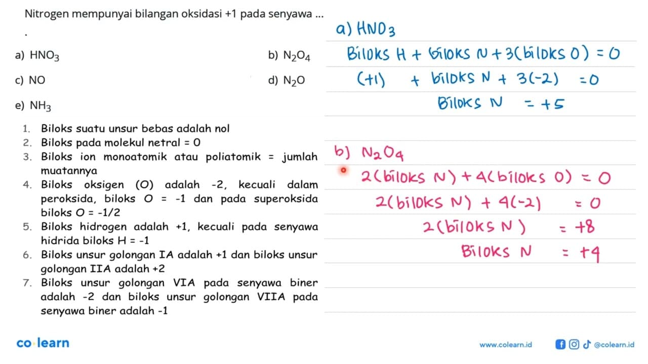 Nitrogen mempunyai bilangan oksidasi +1 pada senyawa ...a)