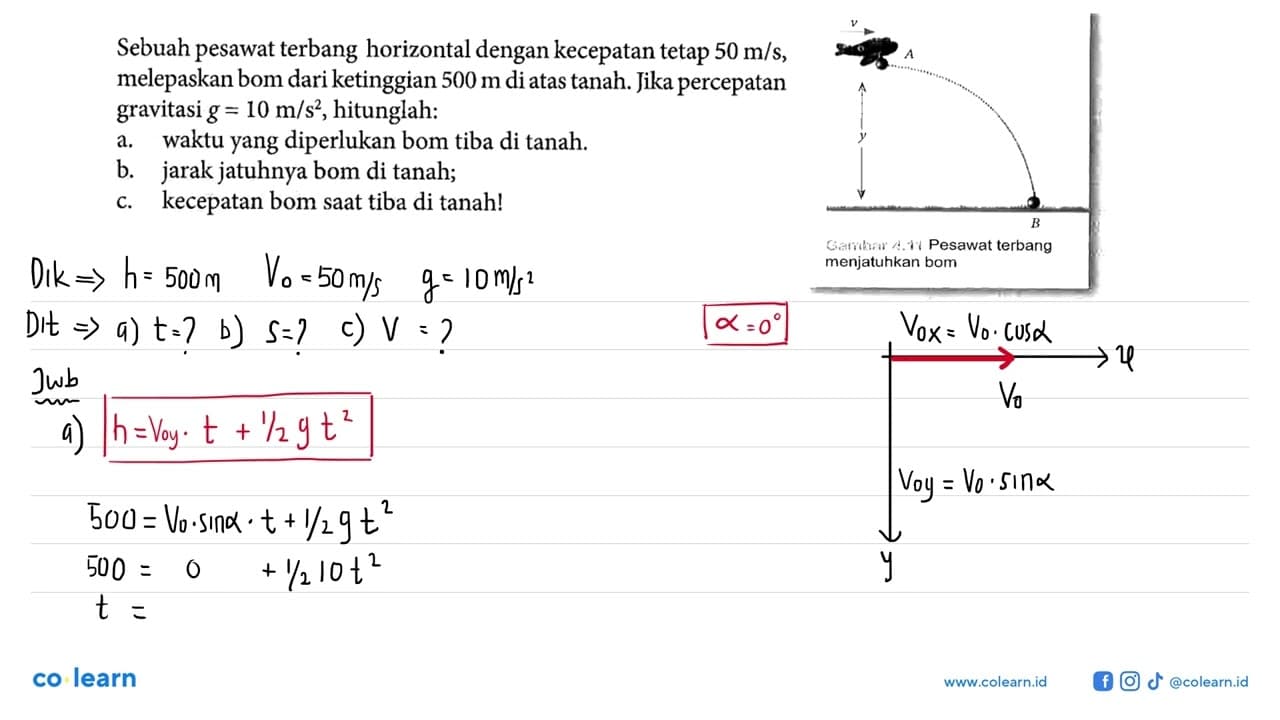 Sebuah pesawat terbang horizontal kecepatan tetap 50 m/s,