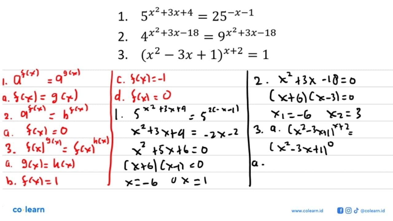 1.5^(x^2+3x+4)= 25^(-x-1) 2.4^(x^2+3x-18)=9^(x^2+3x-18) 3.