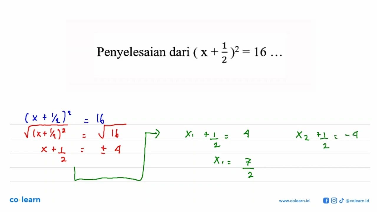 Penyelesaian dari (x + 1/2)^2 = 16